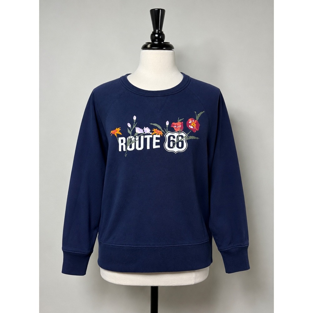 Route 66 Women's Navy Blue Floral Graphic Crewneck Sweatshirt XS Raglan Sleeve